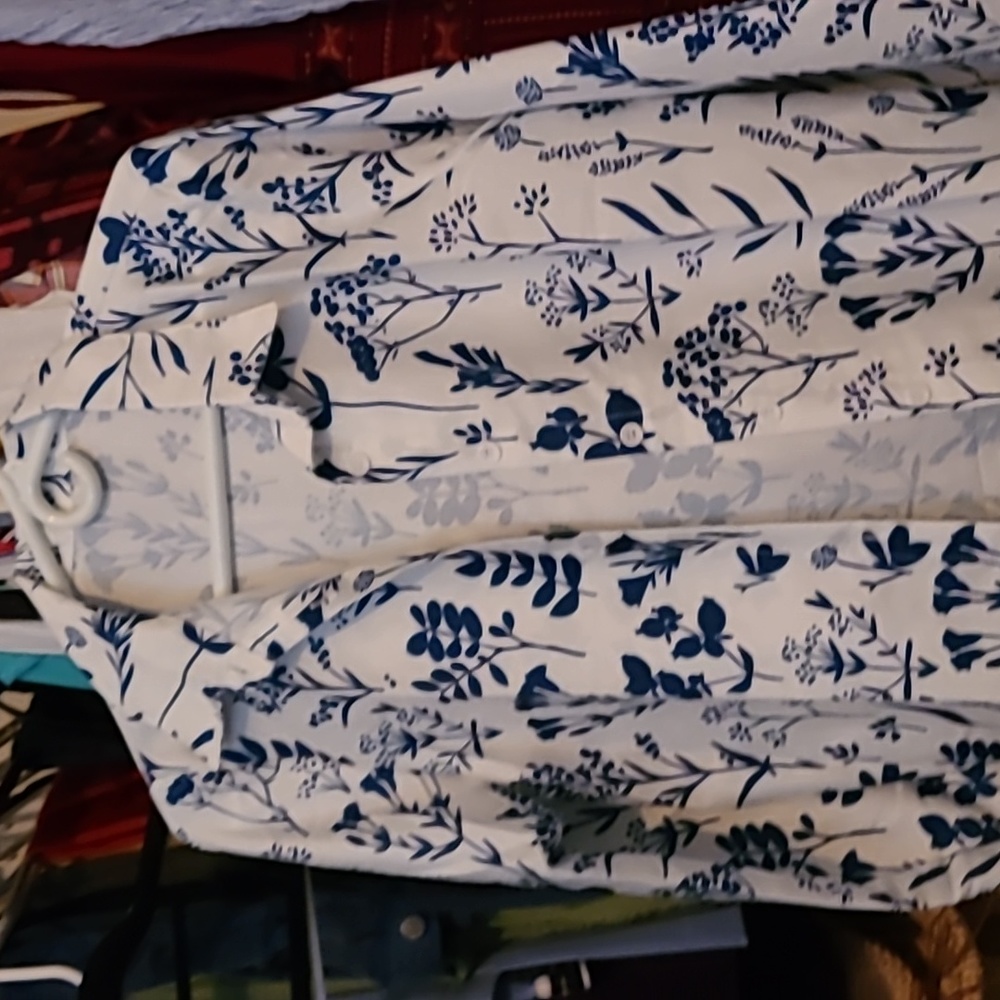 Blue floral on white blouse, size small, poly
